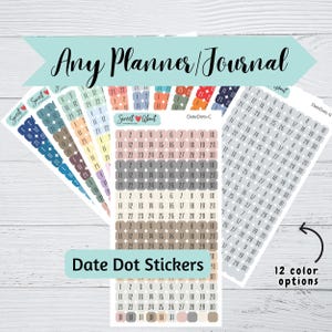 May include: A collection of adhesive date dot stickers for planners and journals, featuring 12 color options. Each sheet contains rows of numbered circles from 1 to 31, with the brand name Sweet About printed on the top of the sticker sheets.