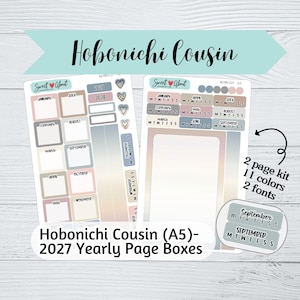 May include: Two sticker sheets for a Hobonichi Cousin A5 planner featuring 2027 yearly page boxes. The kit includes monthly labels, date headers, and gradient-colored rectangular boxes in various muted tones. Text includes "Hobonichi Cousin", "2027", "2028", and month names.