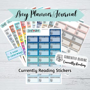 May include: Multiple sheets of rectangular stickers featuring a stack of books icon and the text Currently Reading. The stickers come in 11 different colorways and two sizes, designed for use in any planner or journal. The sheets are arranged in a fan layout.