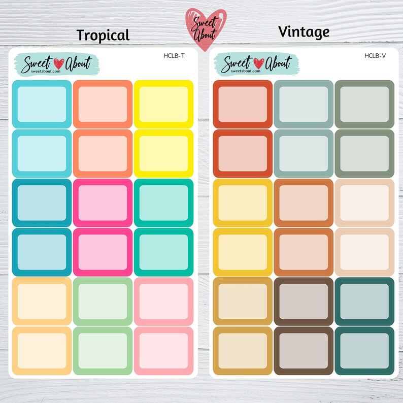 Puede incluir: Dos hojas de pegatinas de planificador coloridas con 12 casillas rectangulares en blanco en cada hoja. La hoja de la izquierda est&aacute; etiquetada como "Tropical" y presenta colores brillantes como amarillo, rosa, azul y verde. La hoja de la derecha est&aacute; etiquetada como "Vintage" y presenta colores apagados como marr&oacute;n, naranja, amarillo y gris.