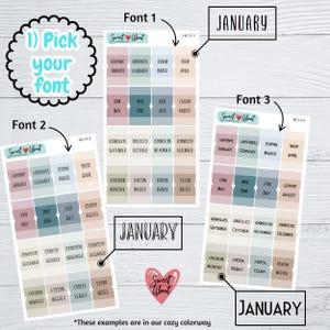 May include: Three different font styles for monthly, weekly, and yearly planner stickers. The stickers are in a pastel color scheme with a light blue, pink, and beige color palette. The text on the stickers reads "January, February, March, April, May, June, July, August, September, October, November, December, Monthly, Weekly, Yearly, Notes".