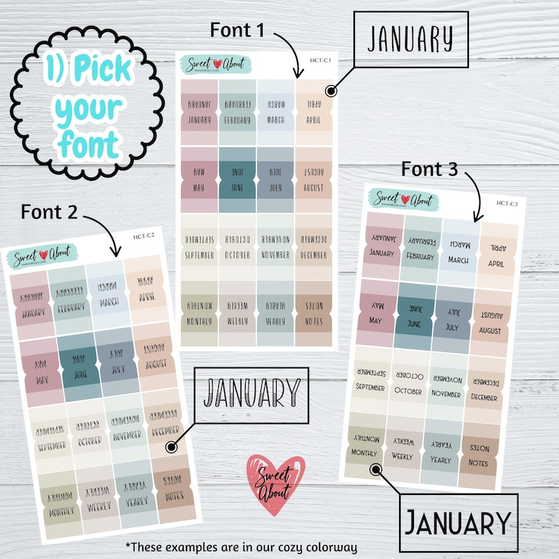 May include: Three different font styles for monthly, weekly, and yearly planner stickers. The stickers are in a pastel color scheme with a light blue, pink, and beige color palette. The text on the stickers reads "January, February, March, April, May, June, July, August, September, October, November, December, Monthly, Weekly, Yearly, Notes".