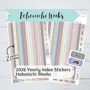 Hobonichi Weeks Yearly Index Stickers 2026- Script or Cursive Font - 12 Color Options - Colorful Hobo Weeks Yearly Stickers