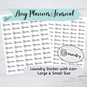 May include: A sheet of white sticker paper with multiple small laundry icons and the word "laundry" printed on each icon. A larger sticker with a washing machine icon and the word "laundry" is in the bottom right corner. The text "Laundry Sticker with icon - Large & Small Size" is printed at the bottom of the sheet.