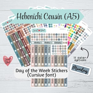Adesivos Hobonichi Cousin para os dias da semana - Adesivos para páginas semanais - Fonte cursiva - Adesivos funcionais para planner