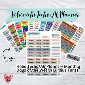 Hobonichi Techo (A6) Wochentag Aufkleber - Schreibschrift - Bunte Wochentag Aufkleber - Funktionaler Planer oder Journal Aufkleber