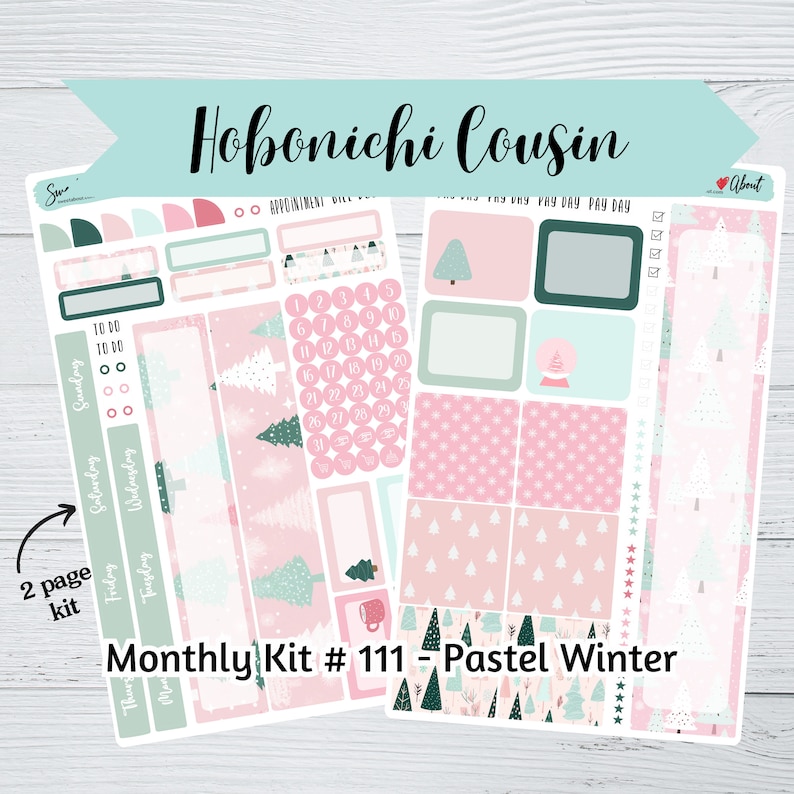 Hobonichi Cousin Monthly Sticker Kit #111 - Pastel Winter - 2 Page Kit ...
