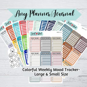 May include: Colorful weekly mood tracker stickers in various colors and designs. The stickers feature a grid with days of the week labeled and a variety of emoji faces to track mood. The stickers are available in both large and small sizes.