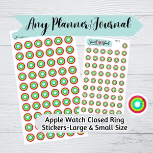 May include: Two sheets of stickers featuring colorful Apple Watch closed ring designs. The stickers are in two sizes, large and small. The text "Sweet About" and "AR-S" are visible on the sheet of smaller stickers.