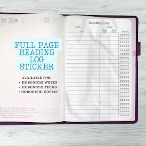 May include: Open purple planner with a full-page reading log sticker. The sticker is light blue and has the text "FULL PAGE READING LOG STICKER." The reading log includes sections for title, start and end dates, and a rating system.