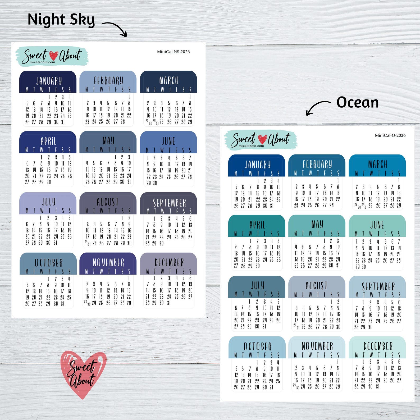 2026 Mini Calendar Stickers - 12 Color Options - Colorful Calendars ...