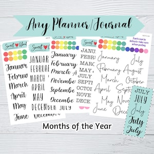 Maanden van het jaar plannerstickers - 5 unieke lettertypen - grote en kleine formaten - helder of wit, mat papier