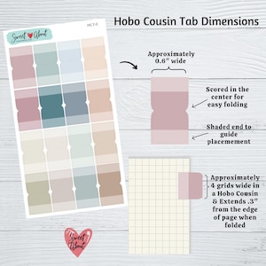May include: A sheet of colorful planner stickers with a variety of pastel colors. The stickers are designed to be used as tabs for a planner or journal. The stickers are approximately 0.6 inches wide and are scored in the center for easy folding. The stickers are also shaded on one end to guide placement.