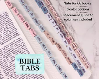 May include: Bible tabs with book names in various colors, including Genesis, Exodus, and Psalms. The tabs are designed for 66 books and come with a placement guide and color key.
