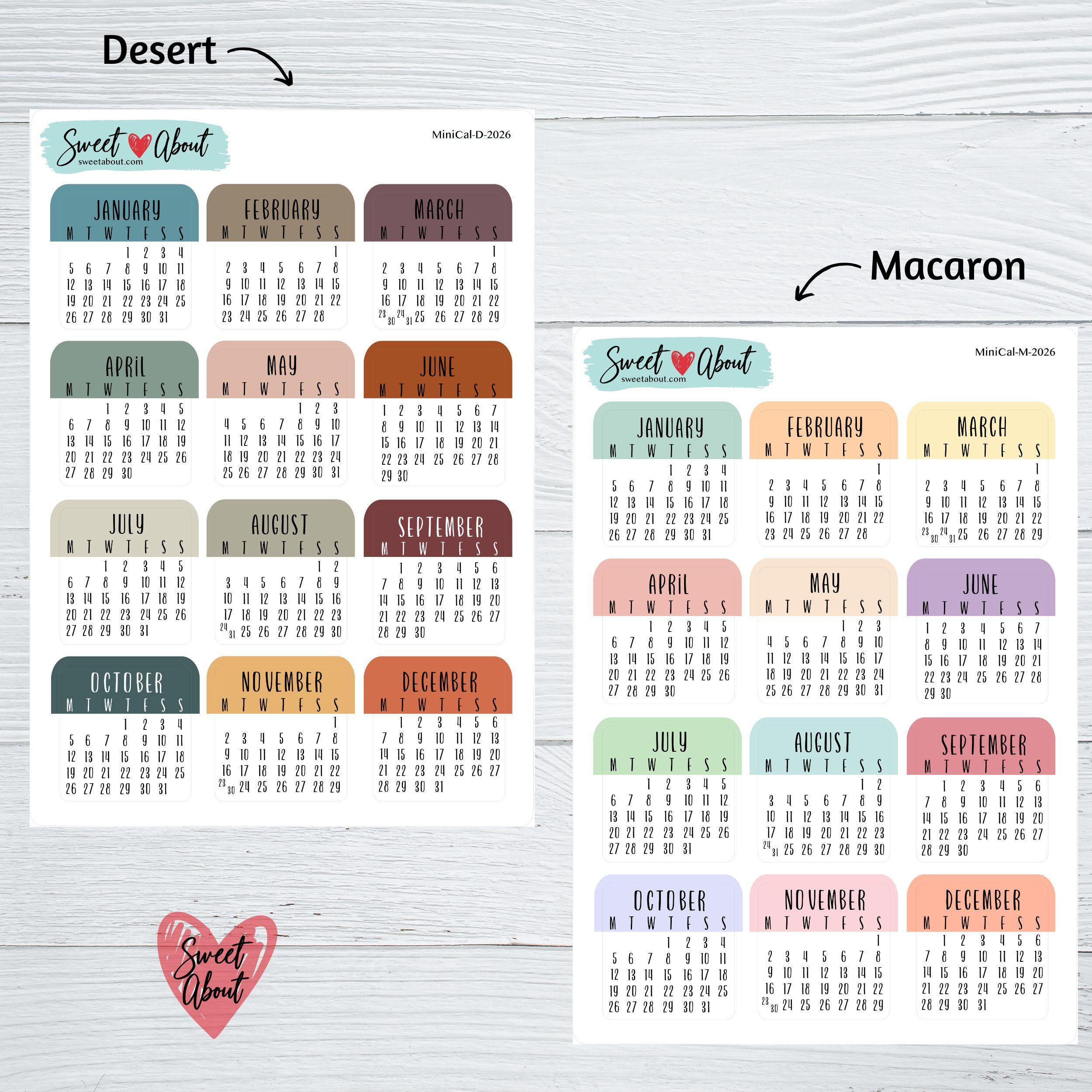 2026 Mini Calendar Stickers - 12 Color Options - Colorful Calendars ...