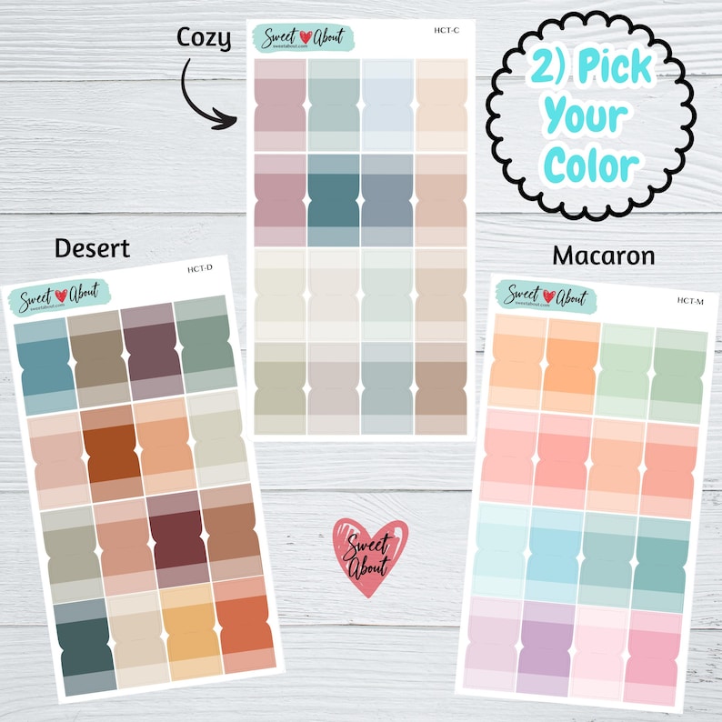 May include: Three sheets of sticker paper with color swatches in three different color palettes: Cozy, Desert, and Macaron. Each sheet has 16 color swatches arranged in a 4x4 grid. The sheets are labeled with the color palette name and the text "Sweet About".