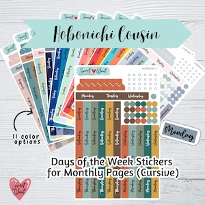 Hobonichi neef dag van de week stickers-maandelijkse pagina stickers-cursief lettertype-functionele planner stickers