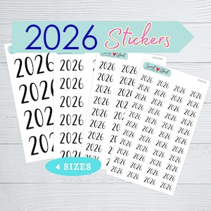 May include: Sheets of stickers with the year "2026" printed in black. The stickers are available in four sizes, with the text "2026 Stickers" at the top. The stickers are on a white background.