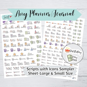 Op de afbeelding: Een vel met planner stickers met kleurrijke pictogrammen en tekst. De stickers bevatten zinnen als "Filmavond", "Rekeningen betalen", "Recycle dag", "Dierenartsafspraak", "Eten voorbereiden" en "Verjaardag betaaldag".