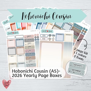 Hobonichi Cousin A5 Size Yearly Box Stickers 2026 - Script or Cursive Font - 11 color options - Colorful Hobonichi Yearly Page Stickers
