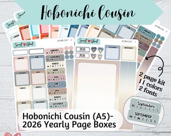 Pegatinas para la caja anual de la agenda Hobonichi Cousin tamaño A5 2026 - Fuente cursiva o en letra de imprenta - 11 opciones de color - Pegatinas coloridas para las páginas anuales de la agenda Hobonichi