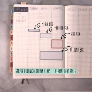 Puede incluir: Primer plano de una p&aacute;gina de agenda semanal con cuadros de diferentes tama&ntilde;os etiquetados como "Thin Box", "Medium Box", "Full Box" y "Weekend Box". La p&aacute;gina es de una agenda Hobonichi Cousin.
