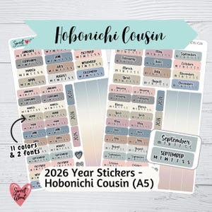 Hobonichi Cousin Yearly Stickers 2026 - Script or Cursive Font - 11 color options - Colorful Hobonichi Yearly Page Stickers