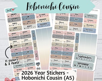 Pegatinas anuales Hobonichi Cousin 2026 - Fuente cursiva o de imprenta - 11 opciones de color - Pegatinas coloridas para páginas anuales de Hobonichi