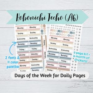 Stickers Hobonichi Techo (A6) jour de la semaine pour les pages quotidiennes - Script ou police cursive - 11 couleurs au choix - Stickers planificateur A6