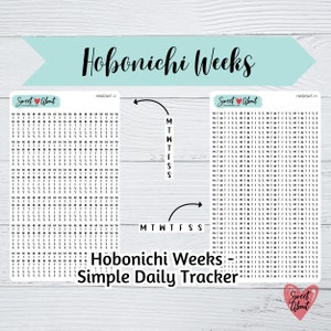 May include: Two black and white printable planner stickers for Hobonichi Weeks. The stickers are labeled "HWDOWT-V" and "HWDOWT-H". The stickers are designed to be used as a simple daily tracker.