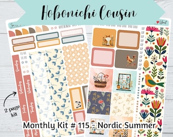 Hobonichi Cousin Monthly Sticker Kit #115 - Nordic Summer - 2 page kit - Hobonichi Cousin Monthly Stickers - Colorful planner sticker kit