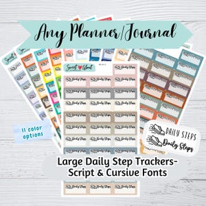 May include: A set of 11 colorful daily step tracker stickers with a running shoe design. The stickers feature the text "Daily Steps" in a script font. The text "Large Daily Step Trackers - Script & Cursive Fonts" is also included in the image.