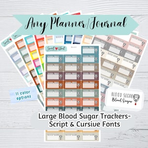 May include: A set of colorful blood sugar tracker stickers with a variety of fonts and designs. The stickers feature a blood sugar meter icon and the text "Blood Sugar".