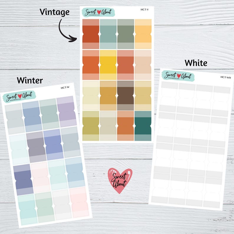 May include: Three sheets of sticker paper with different color palettes. The first sheet is labeled "Vintage" and has a variety of warm colors, including orange, yellow, brown, and green. The second sheet is labeled "Winter" and has a variety of cool colors, including blue, purple, and gray. The third sheet is labeled "White" and has a white background with a grid of blank squares.