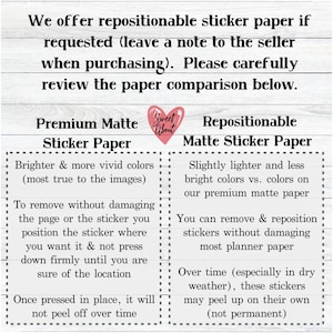 Puede incluir: Un cuadro comparativo de dos tipos de papel adhesivo: mate premium y mate reposicionable. El papel adhesivo mate premium se describe como que tiene colores m&aacute;s brillantes y vivos, mientras que el papel adhesivo mate reposicionable se describe como que tiene colores ligeramente m&aacute;s claros y menos brillantes. Ambos tipos de papel adhesivo se describen en detalle, incluyendo sus propiedades y c&oacute;mo se comportan con el tiempo.