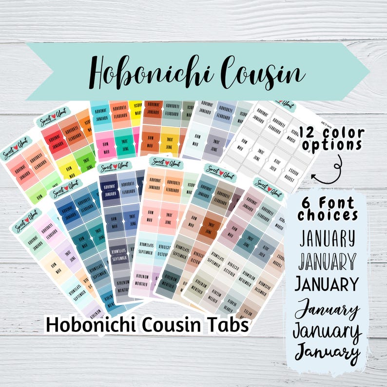 May include: A set of 12 colorful monthly tab stickers for the Hobonichi Cousin planner. The stickers feature different color schemes and fonts for the month of January. The text "Hobonichi Cousin Tabs" is printed at the bottom of the image.
