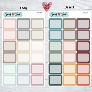 Puede incluir: Dos juegos de 12 pegatinas rectangulares en blanco con esquinas redondeadas. Las pegatinas est&aacute;n en dos paletas de colores: Cozy con tonos beige, marr&oacute;n claro, rosa y verde y Desert con tonos marr&oacute;n, naranja, rojo y azul. Cada pegatina tiene un fino borde negro.