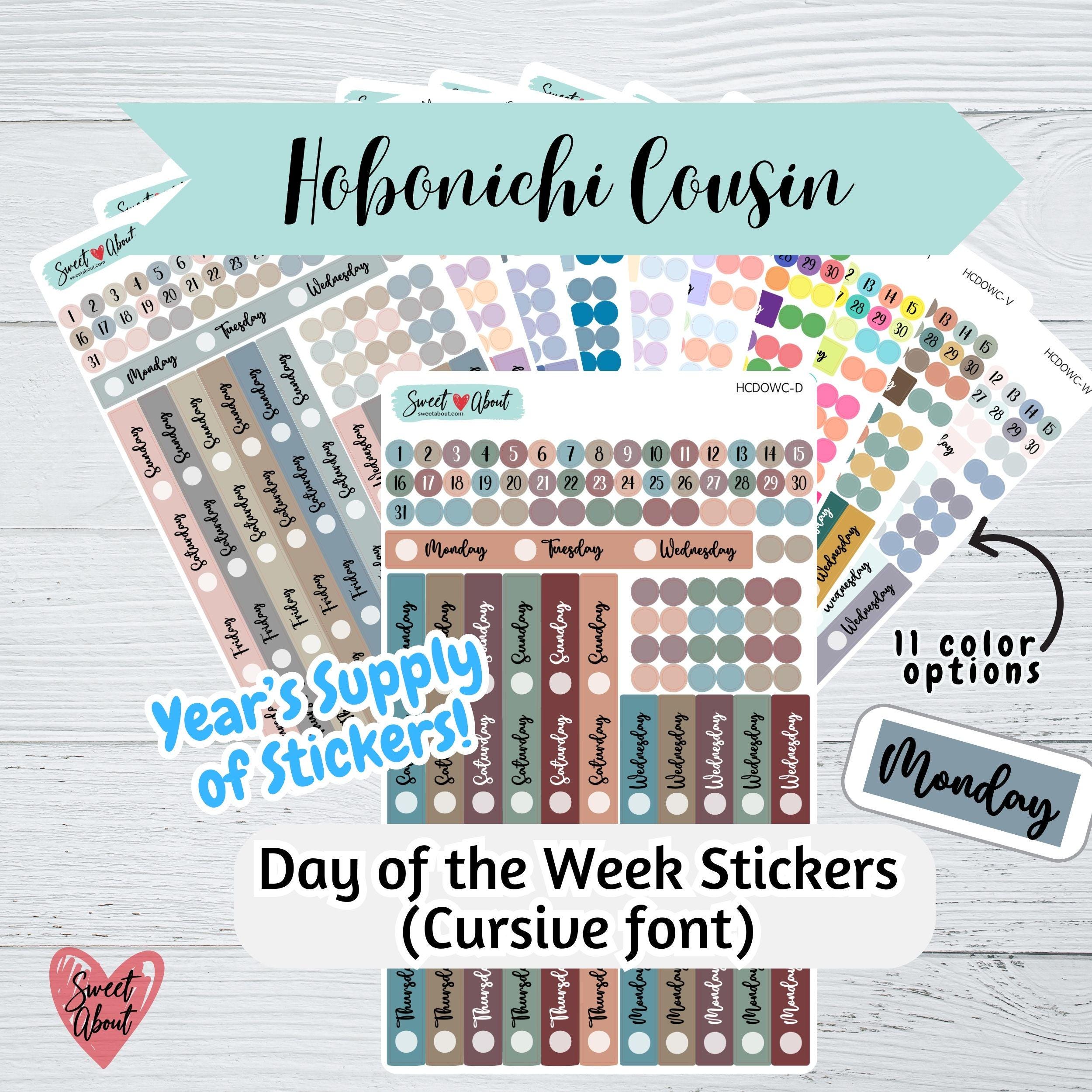 Year's Supply of Hobonichi Cousin Day of the Week Stickers for Weekly Pages - Cursive Font - 9 Sheets of Day of the Week Stickers