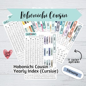 Adesivos Hobonichi Cousin Yearly Index 2025 - Adesivos de fonte cursiva - Adesivos de planejador funcional ou diário