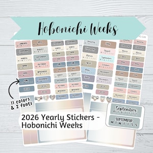 Hobonichi Weeks Yearly Stickers 2026- Script or Cursive Font - Colorful Hobonichi Yearly Page Stickers - Hobo Weeks Year Stickers