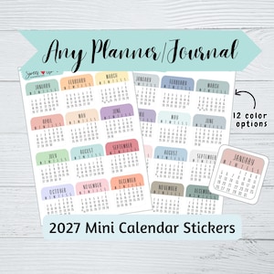 May include: A sheet of 2027 mini calendar stickers for any planner or journal. The stickers feature twelve months with colorful headers and black text on a white background. A separate January sticker is shown, and text indicates 12 color options.