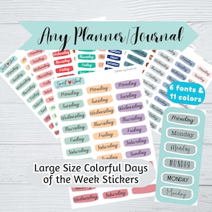 May include: Colorful planner stickers featuring days of the week in various fonts and colors. The stickers are in a variety of pastel colors and include the text "Any Planner/Journal" and "Large Size Colorful Days of the Week Stickers."