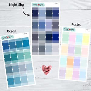 May include: Three sheets of color swatches for crafting and scrapbooking. The sheets are labeled "Night Sky", "Ocean", and "Pastel". Each sheet has 16 color swatches in a gradient from dark to light.
