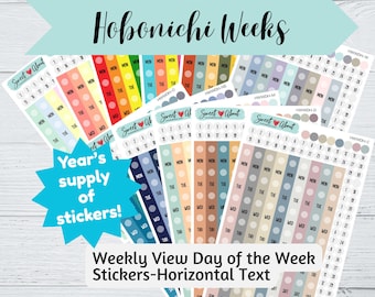 Suministro de pegatinas de los días de la semana de Hobonichi Weeks para un año - Páginas semanales de Hobo Weeks - Pegatinas coloridas de los días de la semana - Texto horizontal