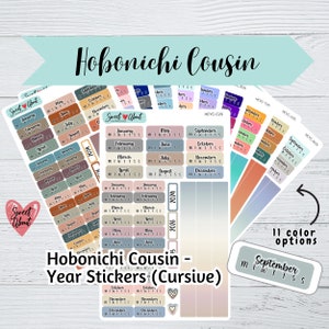 Hobonichi Cousin Yearly Stickers 2025 - Adesivos de ano com fonte cursiva - Adesivos funcionais para planejador ou diário