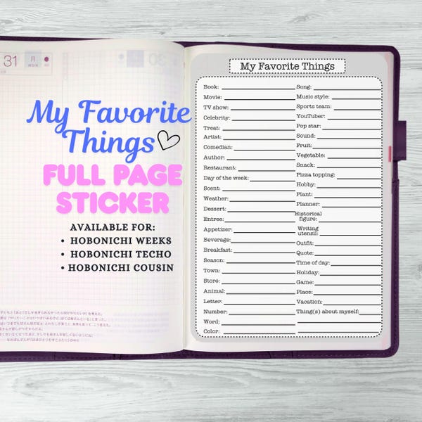 Favorite Things Full-Page Planner Sticker - Fill-in Planner or Journal Sticker - Hobonichi Full Page Sticker - Fill-in Planner Sticker