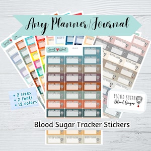 May include: A collection of colorful blood sugar tracker stickers for planners and journals. The stickers feature various designs, sizes, and fonts, with the text "Blood Sugar" and a graphic of a blood glucose meter. The image also includes the text "Any Planner/Journal".