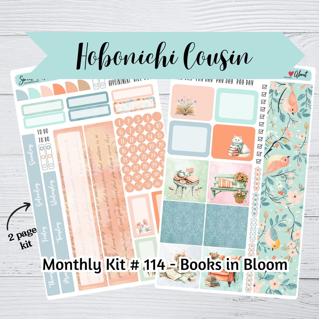 Hobonichi Cousin Monthly Sticker Kit #114 -books in Bloom - 2 Page Kit ...