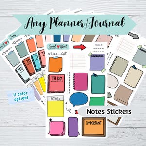 May include: A set of colorful planner stickers with various shapes and designs, including notes, to-do lists, and reminders. The stickers are perfect for organizing and decorating planners, journals, and notebooks.
