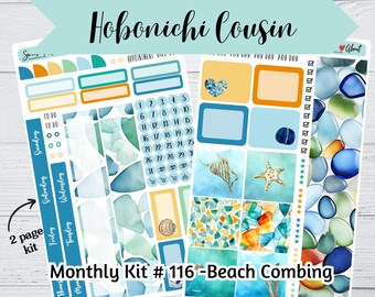 Hobonichi Cousin Monthly Sticker Kit #116 - Beach Combing - 2 page kit - Hobonichi Cousin Monthly Stickers - Colorful planner sticker kit